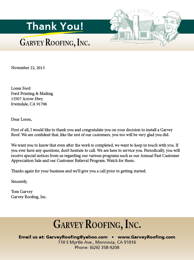 Thank you letter from Garvey Roofing