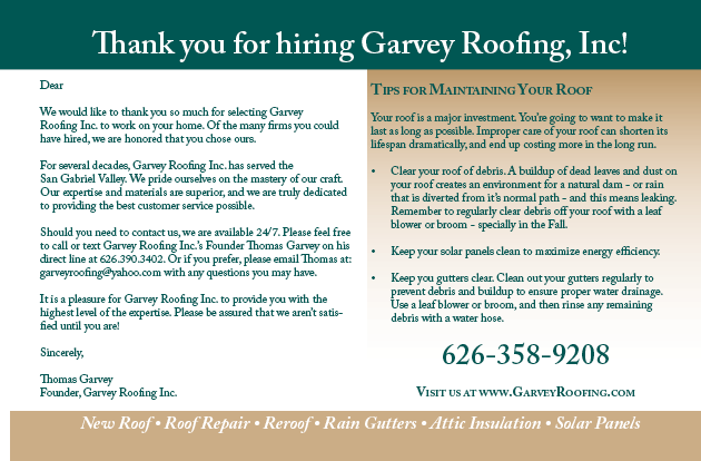 Mailer example for Garvey Roofing saying thank for selecting his servicves